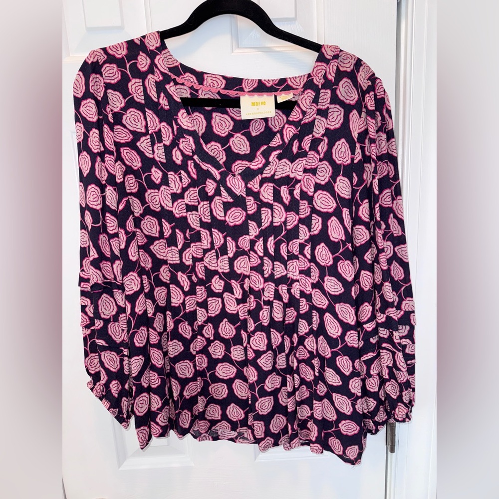 Anthropologie Navy Top with Pink Floral Print